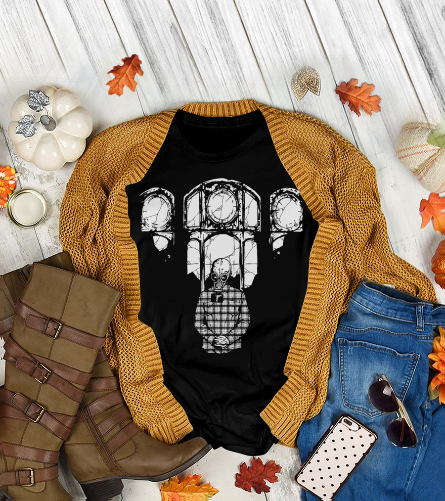 Chapel Gas Mask Figure with Stained Glass Windows T-Shirt