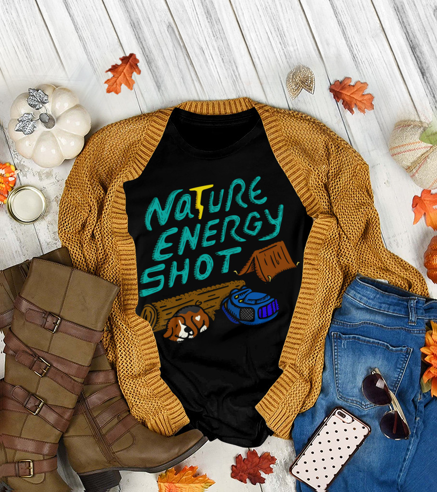 Nature Energy Shot Camping Adventure with Sleeping Dog and Hiking Boot T-Shirt