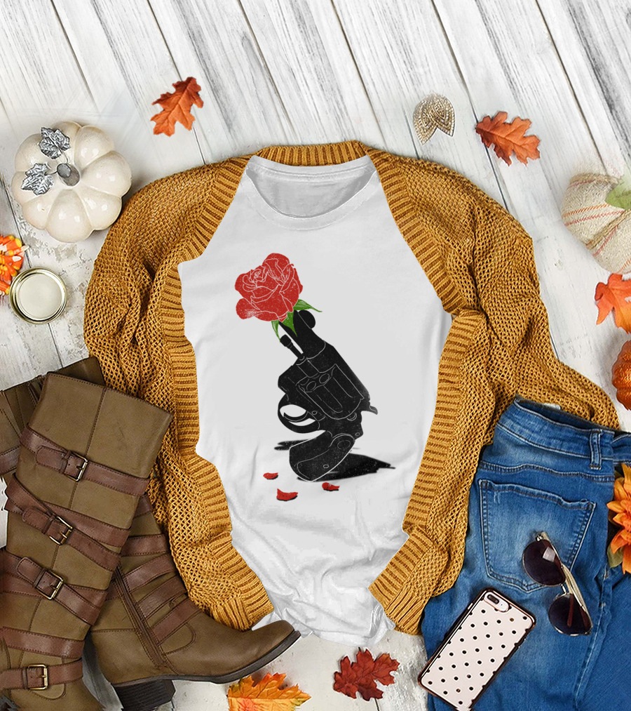 Ceasefire Revolver with Blooming Red Rose T-Shirt