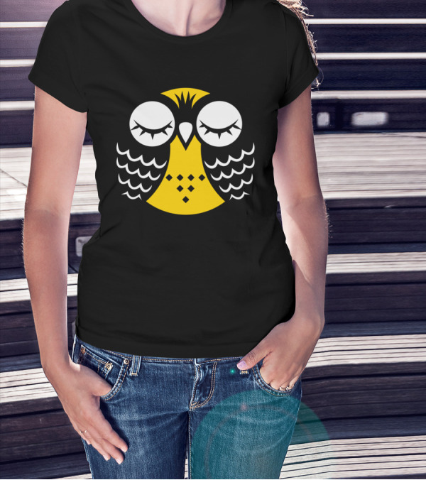 Happy Owl Peaceful Sleepy Eyelashes Yellow Black Feather T-Shirt