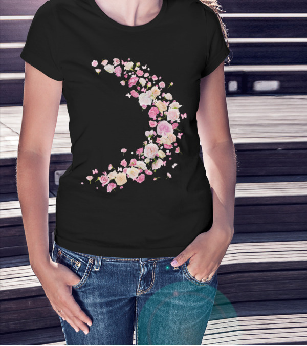Rosa Pink And White Roses With Butterflies Crescent Shape T-Shirt