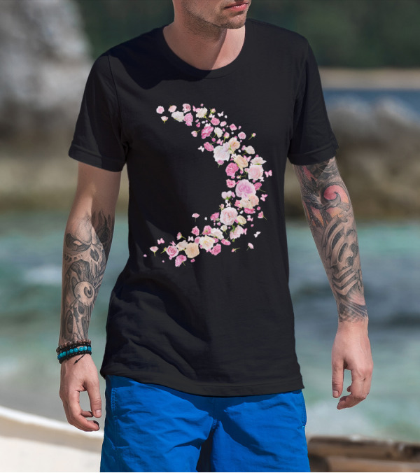 Rosa Pink And White Roses With Butterflies Crescent Shape T-Shirt