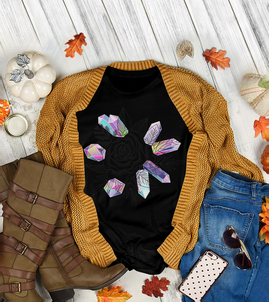 Rose and Multicolored Crystals with Leaf T-Shirt