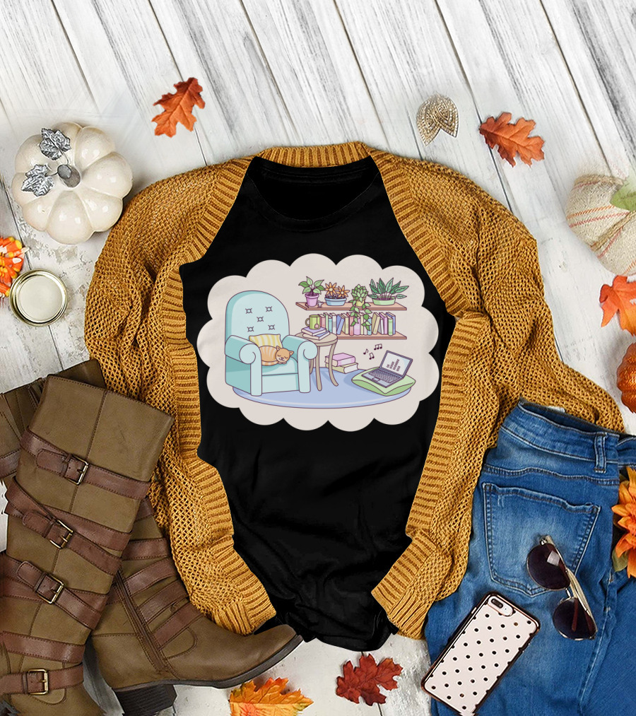 Happy Place Cozy Reading Nook with Cat and Plants T-Shirt