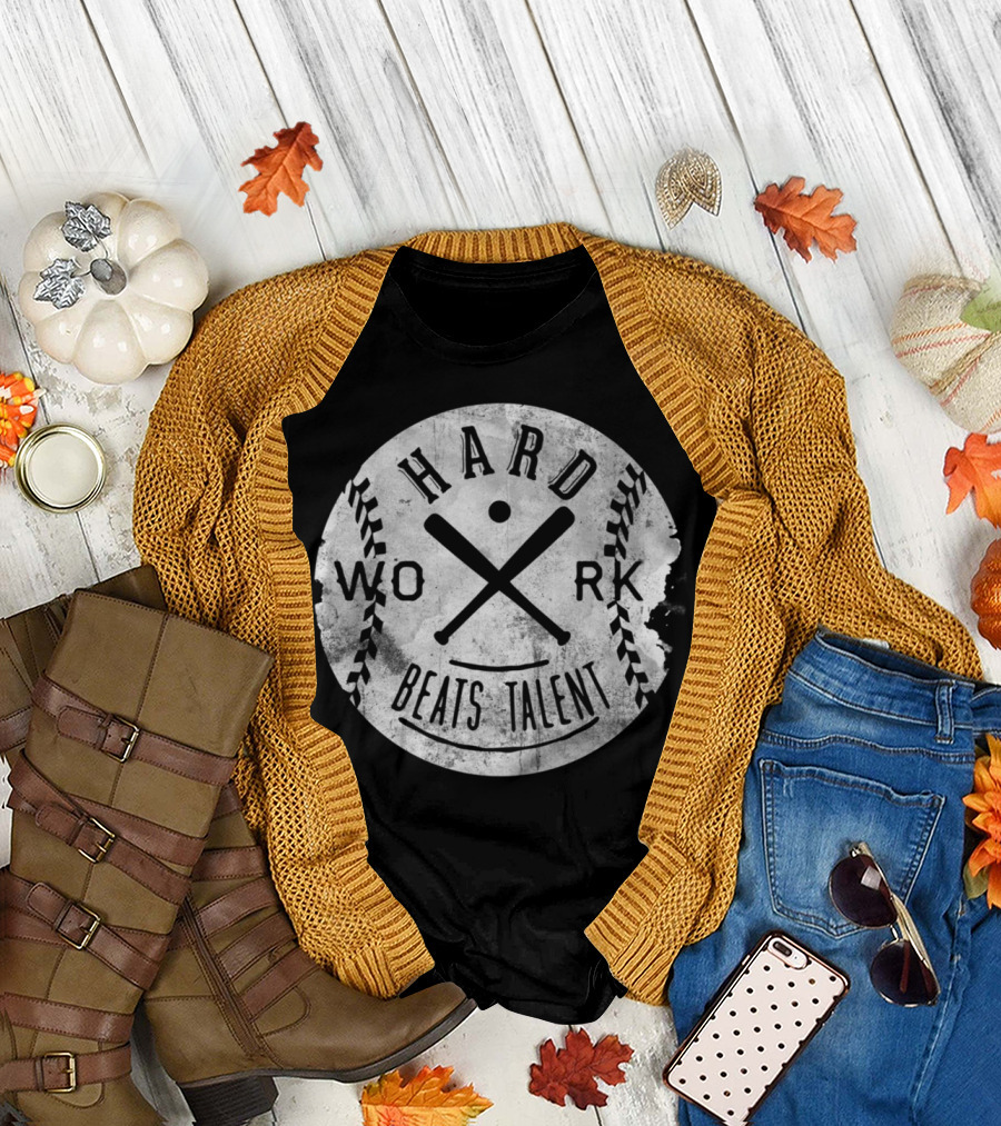 Hard Work Beats Talent Baseball Theme with Crossed Bats T-Shirt
