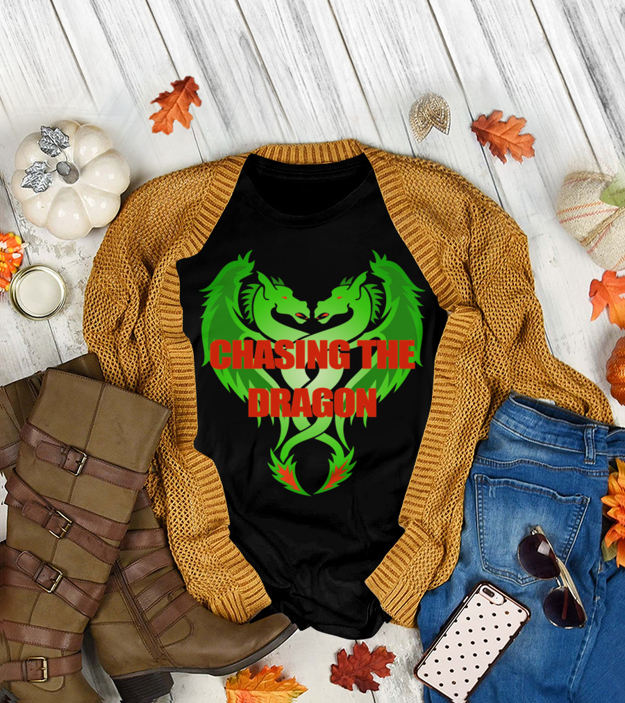 Chasing The Dragon Green Twin Dragon Motif T-Shirt