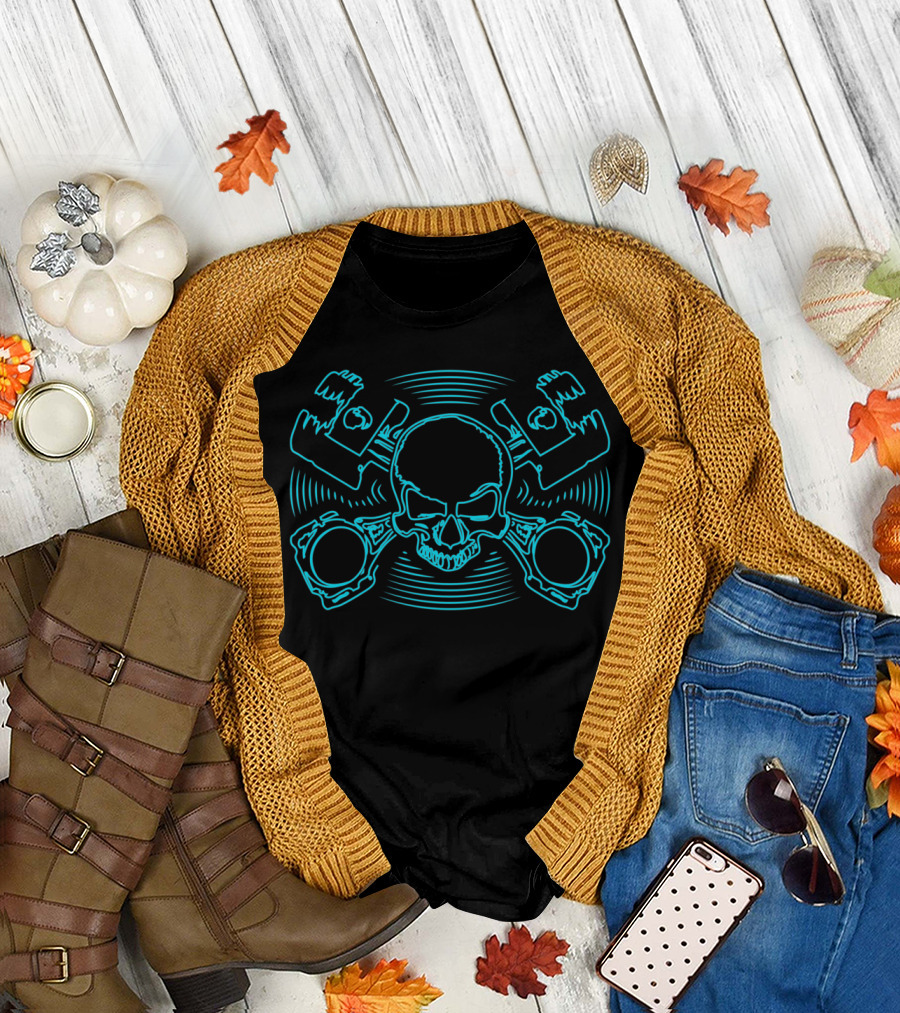 Skull and Crossed Pistons Neon Blue T-Shirt