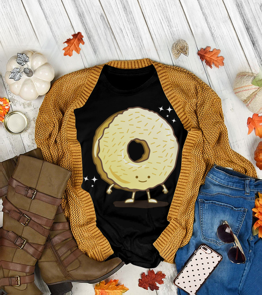 Golden Donut with Sprinkles and Smiling Face Surrounded by Stars T-Shirt