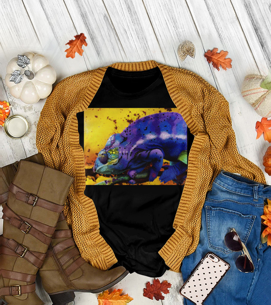 Harmonious Chameleon Ste Vibrant Multicolor Reptile on Yellow and Orange Background T-Shirt