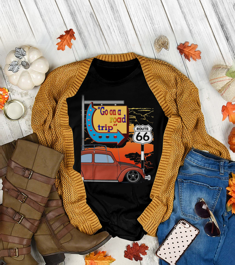 Route 66 Go on a Road Trip with Classic Car and Neon Sign T-Shirt