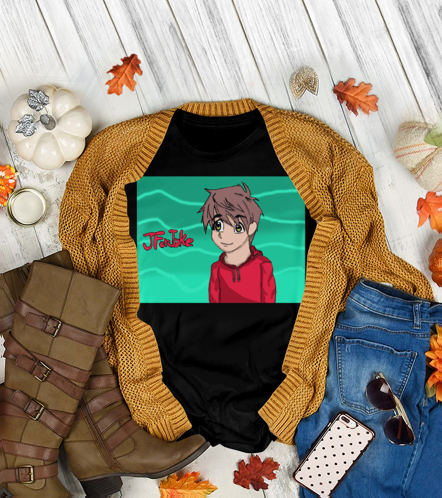 JForJake Anime Style Red Hoodie Character with Brown Hair and Green Eyes T-Shirt