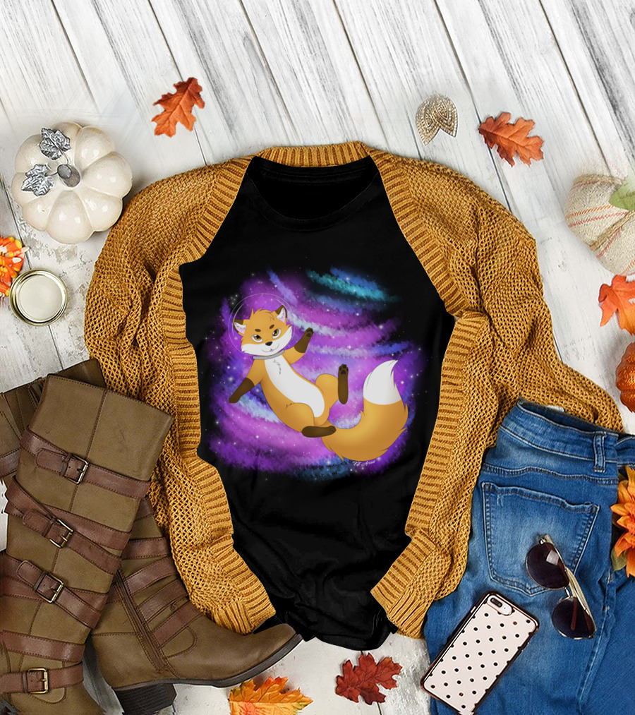 Space Fox Astronaut Floating in Cosmic Nebula T-Shirt