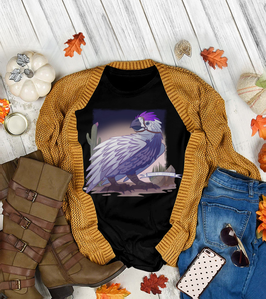 Neebs Gaming In Memory Of Cooter Episode 52 Episode 104 Bird with Cactus Background Purple and White Feathers T-Shirt