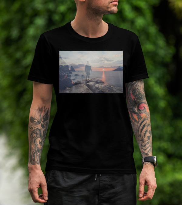 Mirrored Thoughts Sunset Reflection Journey On Rocky Shoreline T-Shirt