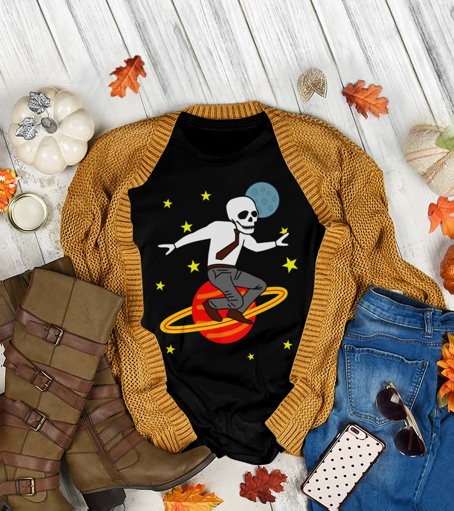 Space Business Skeleton Surfing Saturn T-Shirt