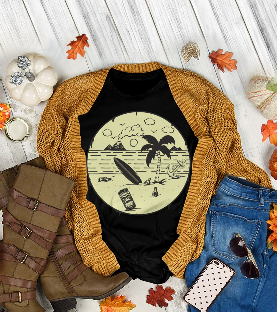 Hawaiian Beach Life Surfboard Palm Tiki Anchor Island Sunset T-Shirt