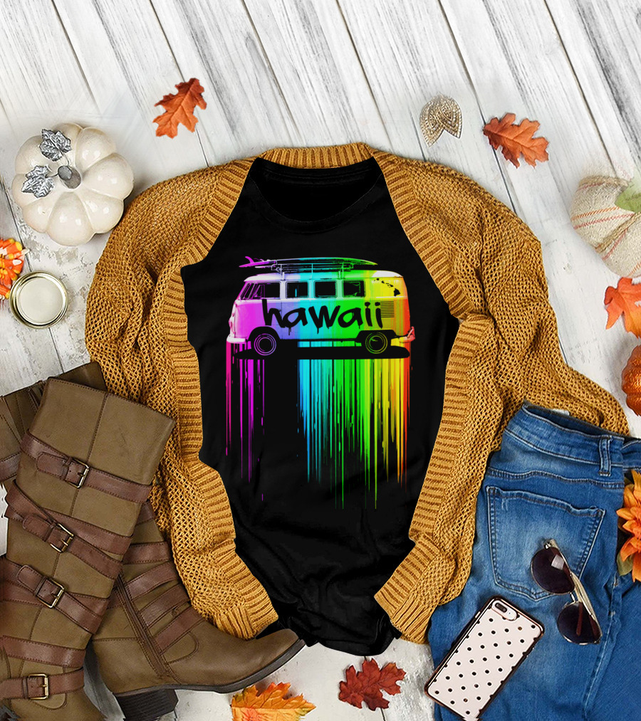 Hawaii Rainbow Van with Surfboards Dripping Colorful Paint T-Shirt