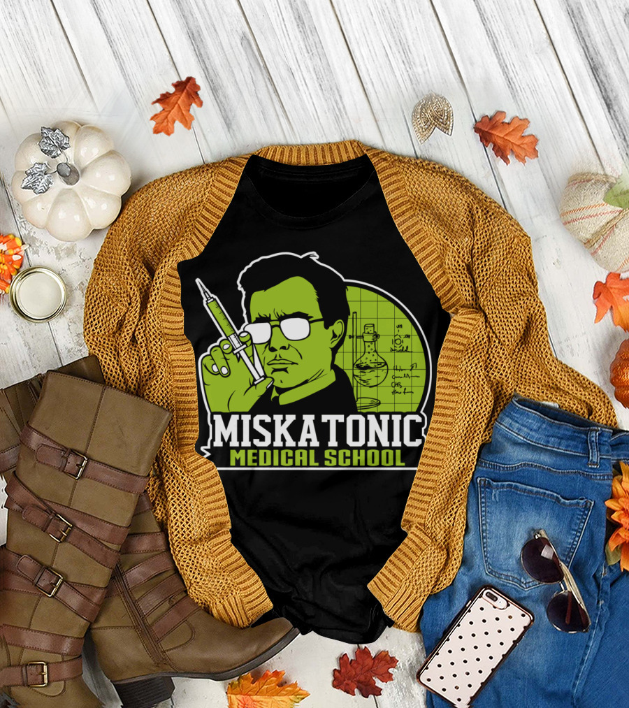 Miskatonic Medical School Scientist with Syringe and Lab Equipment T-Shirt