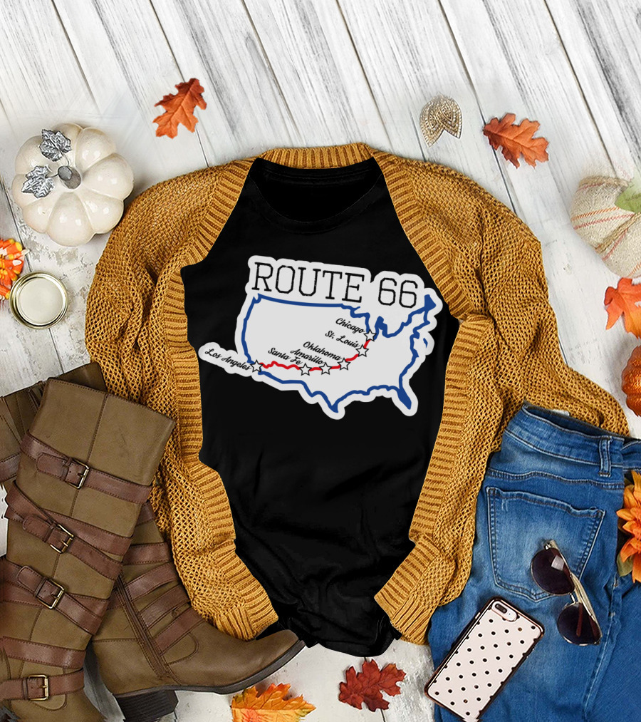 Route 66 Map with Chicago St. Louis Oklahoma Santa Fe Los Angeles T-Shirt