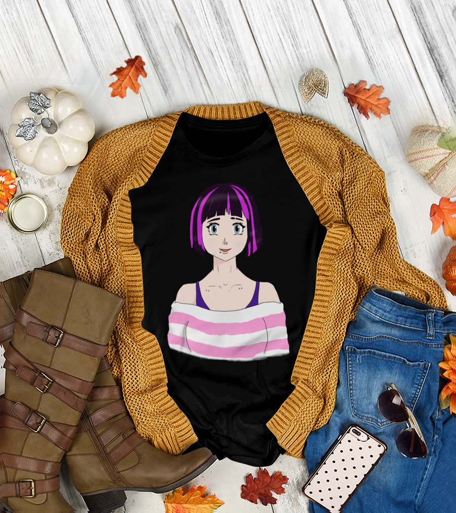 Josei By MaxF Pink Purple Hairstyle Anime Girl Off-the-Shoulder Top T-Shirt