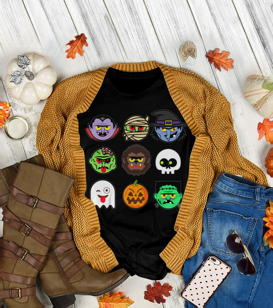 MONSTER FACES Halloween Emoji Dracula Mummy Witch Zombie Werewolf Skull Ghost Pumpkin Frankenstein T-Shirt