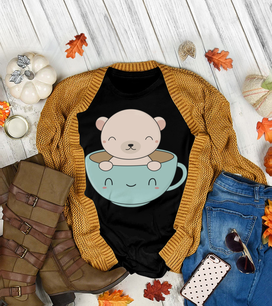 Kawaii Cute Polar Bear in Smiling Coffee Cup T-Shirt