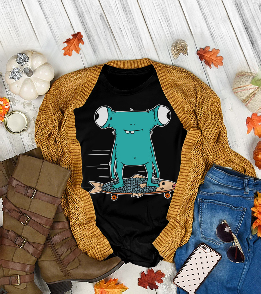 Monster Longboarding Fish Skateboard Adventure T-Shirt