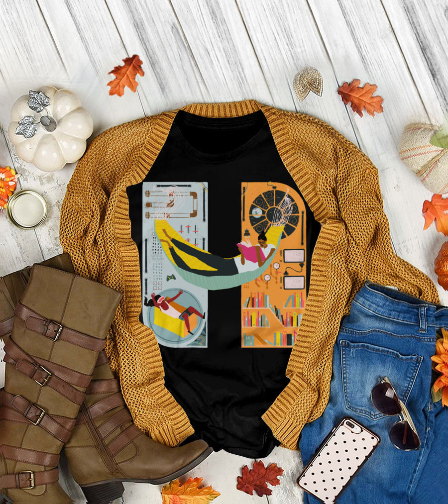 Reading in Space with Books and Futuristic Gadgets in a Cozy Hammock T-Shirt