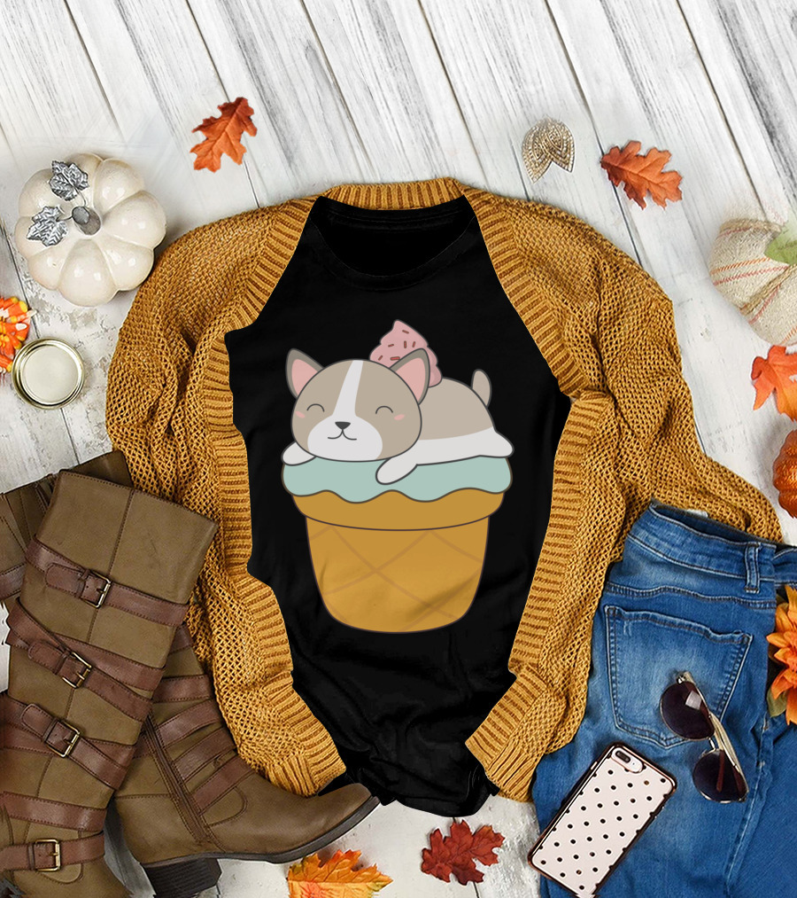 Kawaii Puppy Dog Sleeping on Ice Cream Cone Cupcake T-Shirt