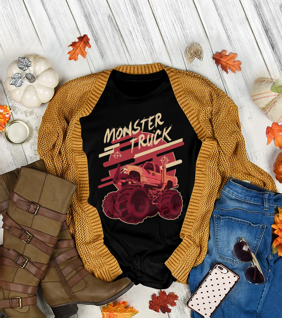 Monster Truck Retro Style with Red Monster Vehicle and Dynamic Lines T-Shirt