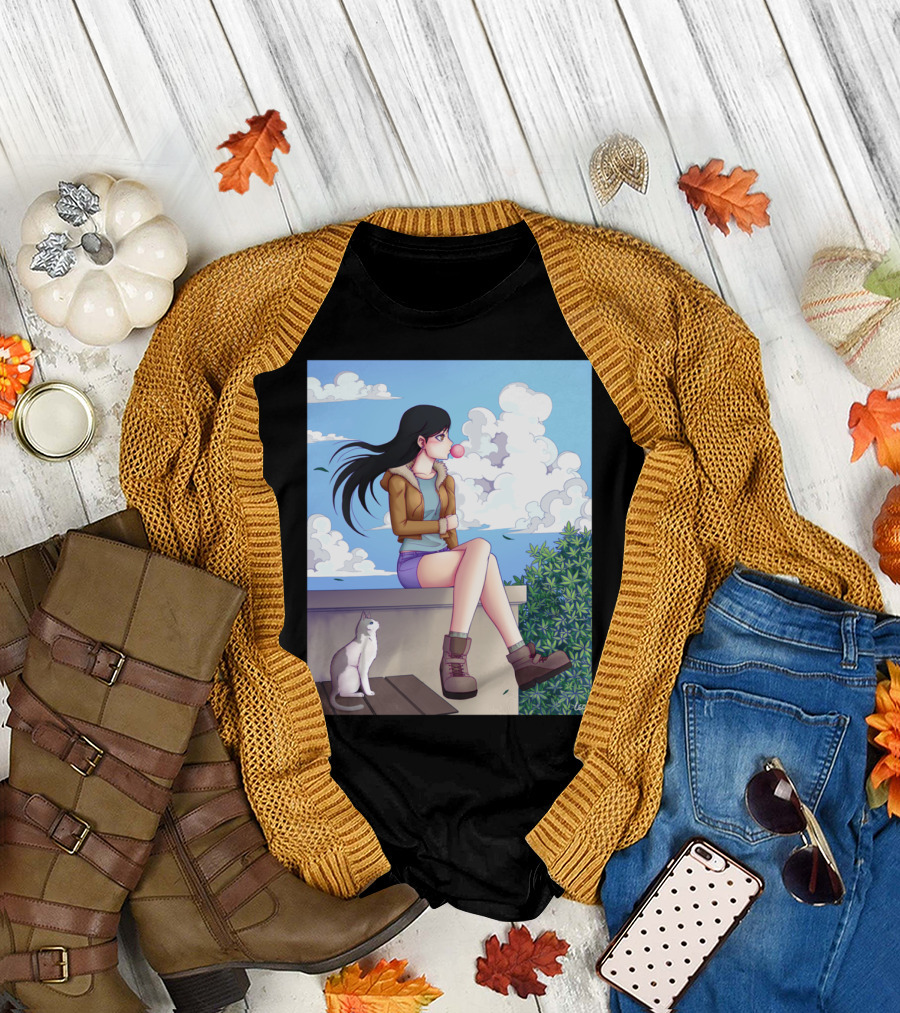 Maru Roug Anime Girl and Cat on Rooftop with Bubblegum and Blue Sky Clouds T-Shirt