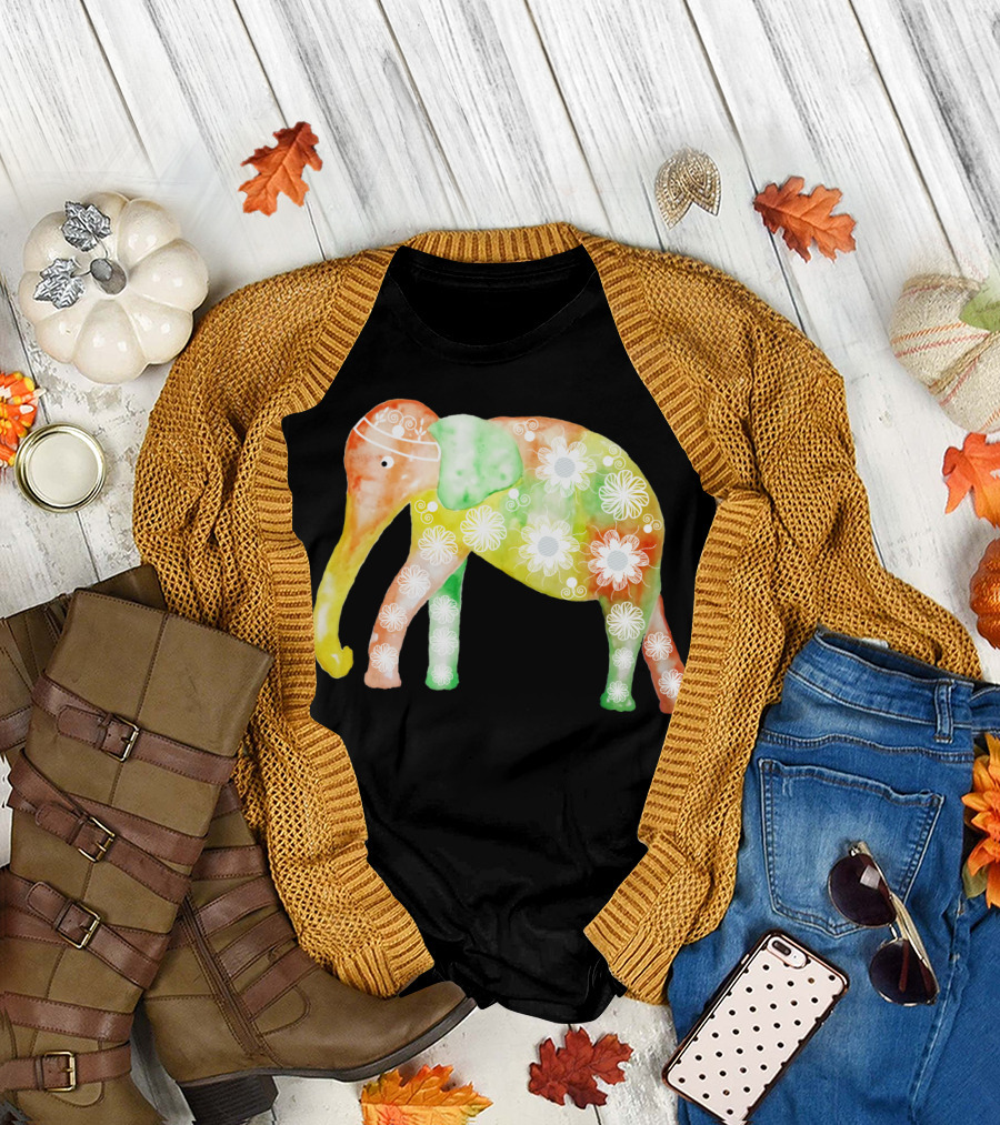 Watecolot Elephant Multicolor Floral T-Shirt