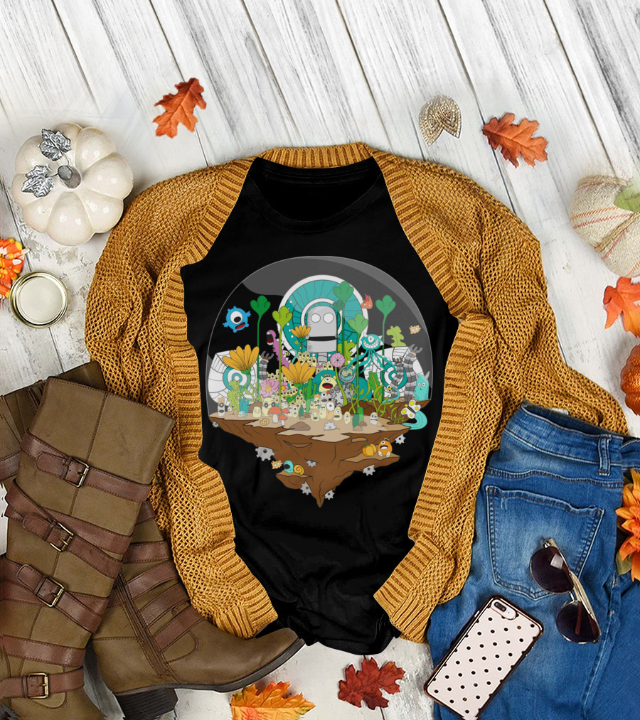MonsterLand Floating Island Ecosystem with Robot and Colorful Creatures T-Shirt
