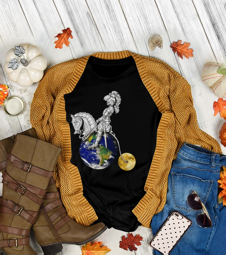 Planet Rider Knight on Horse with Earth and Moon T-Shirt