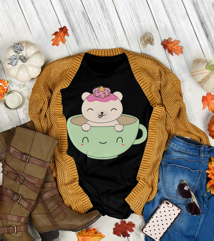 Kawaii Polar Bear with Donut in Happy Coffee Cup T-Shirt