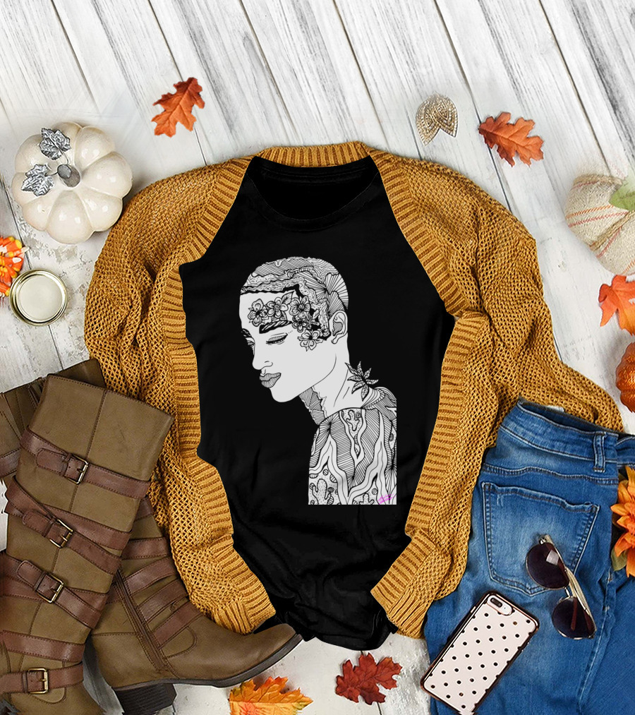 Stay Wild Flower Child Black And White Intricate Line Art Portrait with Blossoming Floral T-Shirt