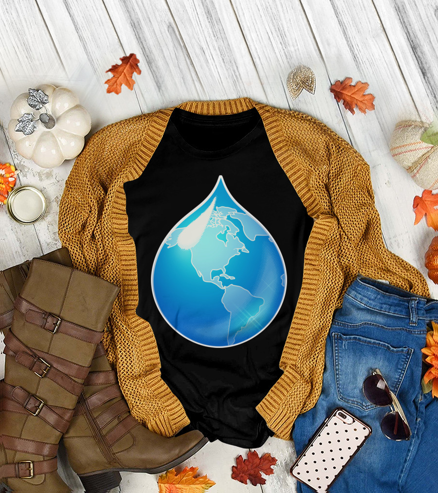 Water Planet Earth Map Inside Droplet Shape T-Shirt