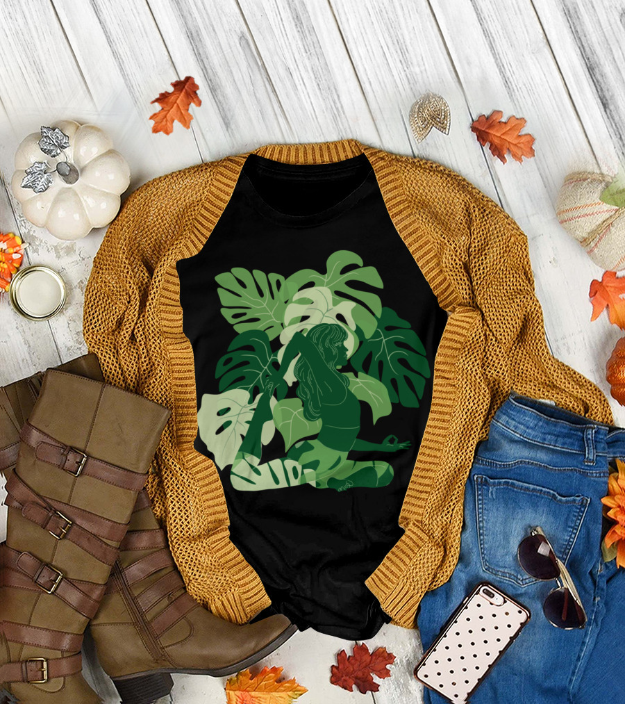 One Legged King Pigeon Pose with Lush Green Tropical Leaves T-Shirt