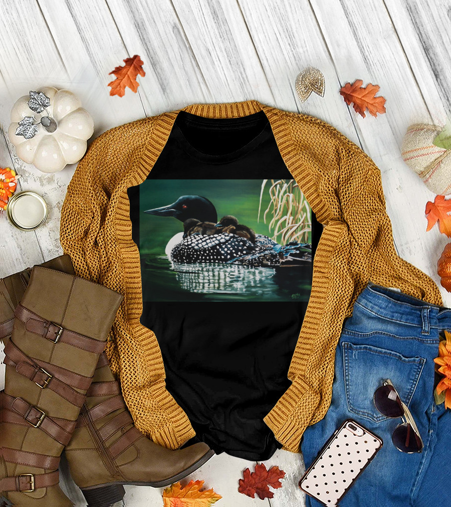 Family Excursion Loon with Chicks Water Scene T-Shirt