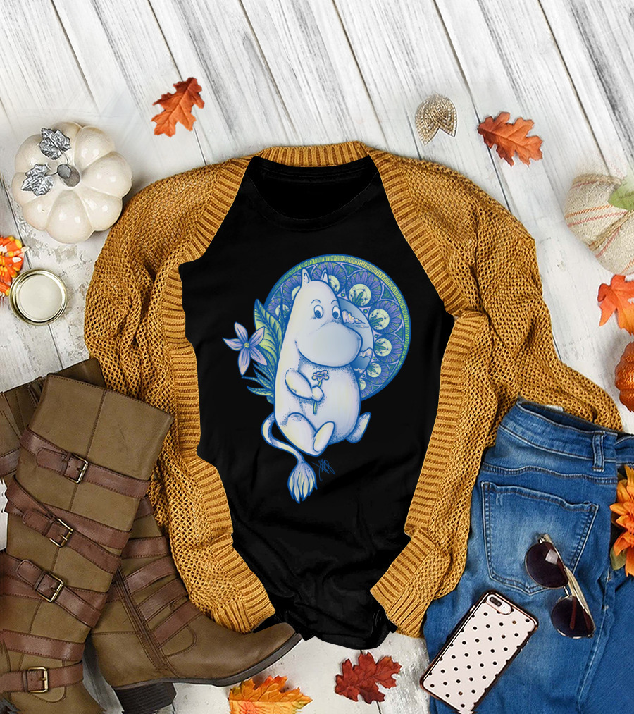 Moomintroll Character with Floral Elements and Decorative Circular Motif T-Shirt