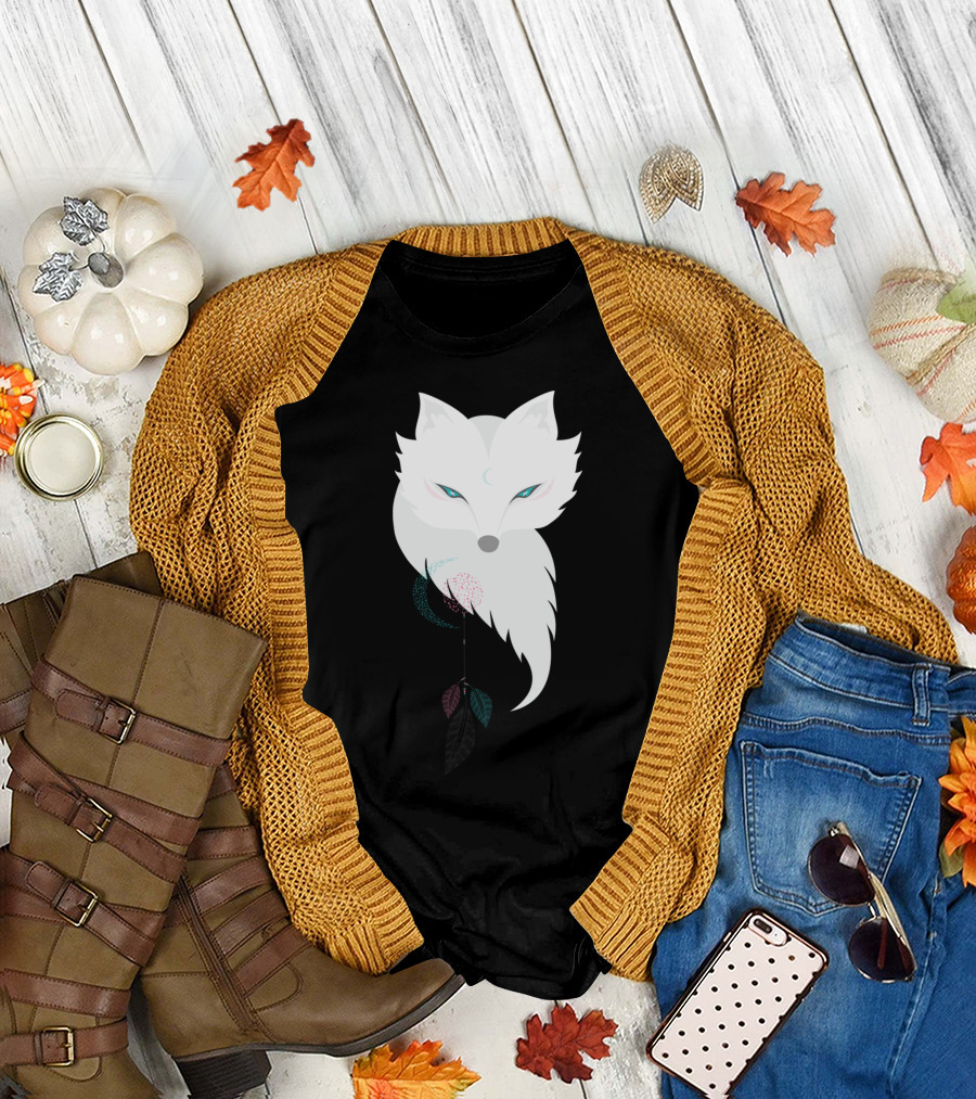 Moon Catcher White Fox with Enigmatic Eyes and Leaf Elements T-Shirt