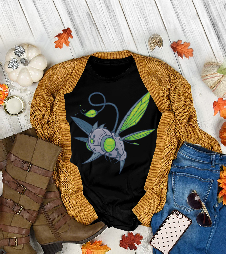 HUMM BUZZ Robotic Futuristic Neon Green Mechanical Insect Spaceship T-Shirt