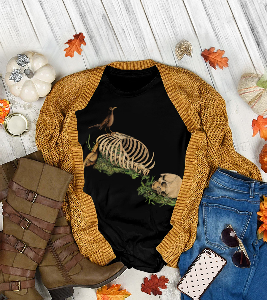 Still Life Speaking Skeleton with Birds and Skull T-Shirt