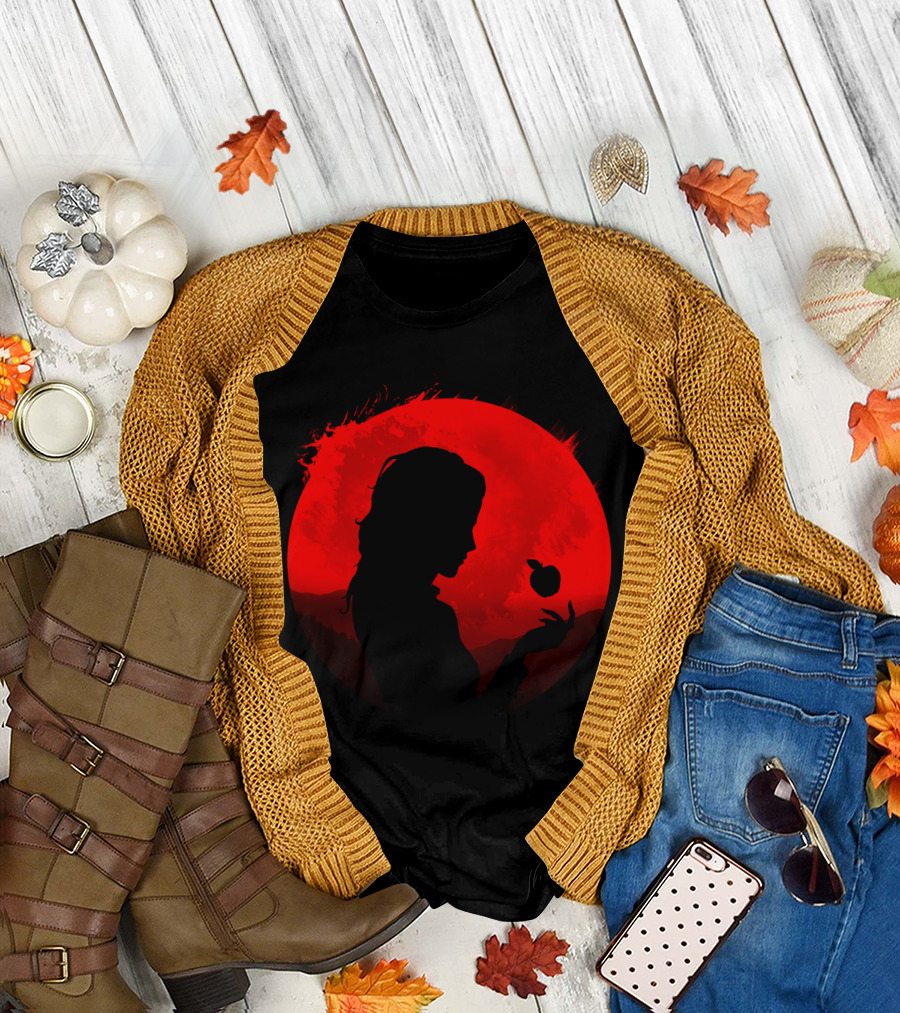 Scarlet Skies Silhouette with Apple Against Lunar Red Sky T-Shirt