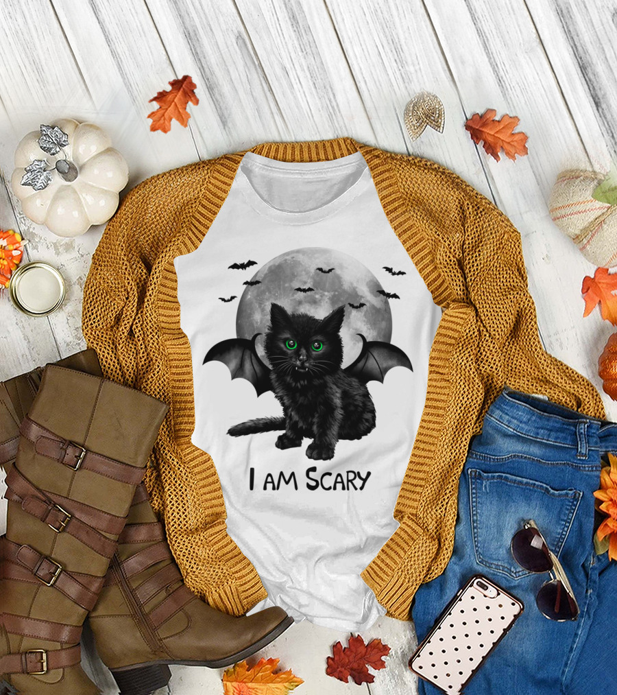 I Am Scary Bat Winged Cat with Moon and Bats T-Shirt