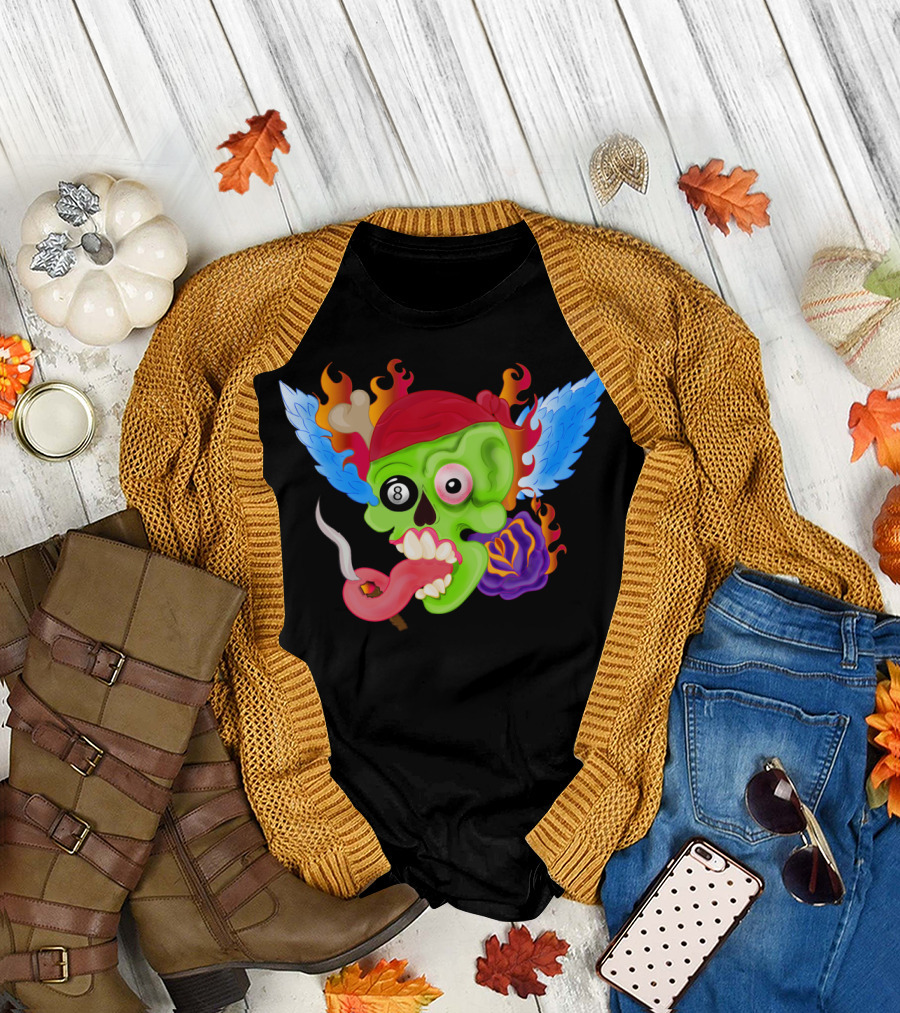 Mask Skull Eight Ball Flaming Wings T-Shirt