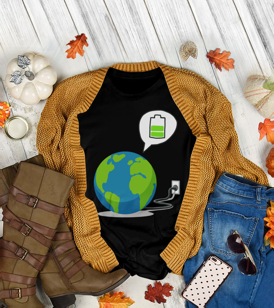 Recharge The World Aky Plugged In Earth with Charging Battery T-Shirt