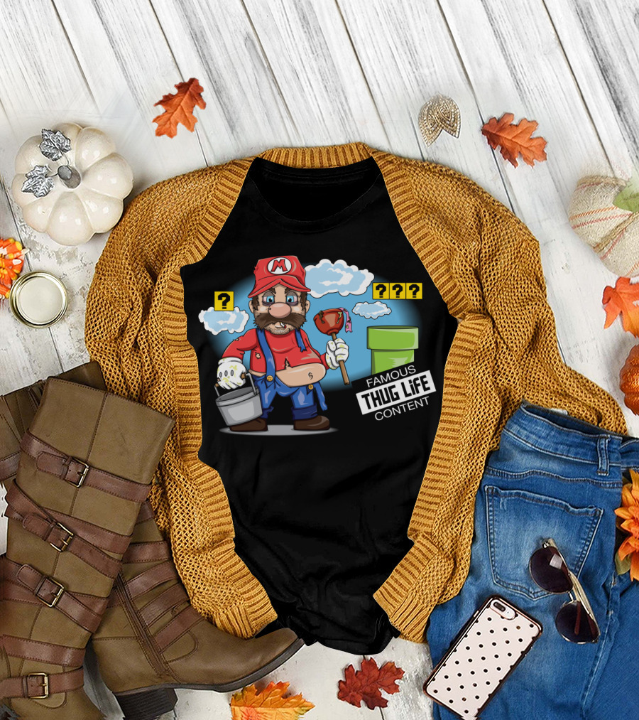 Famous Plumber Thug Life Content with Question Blocks and Plunger T-Shirt