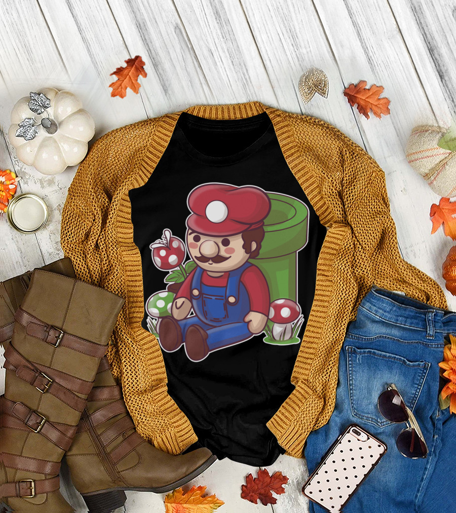 Plumber Toy Character Sitting with Mushrooms and Pipe T-Shirt