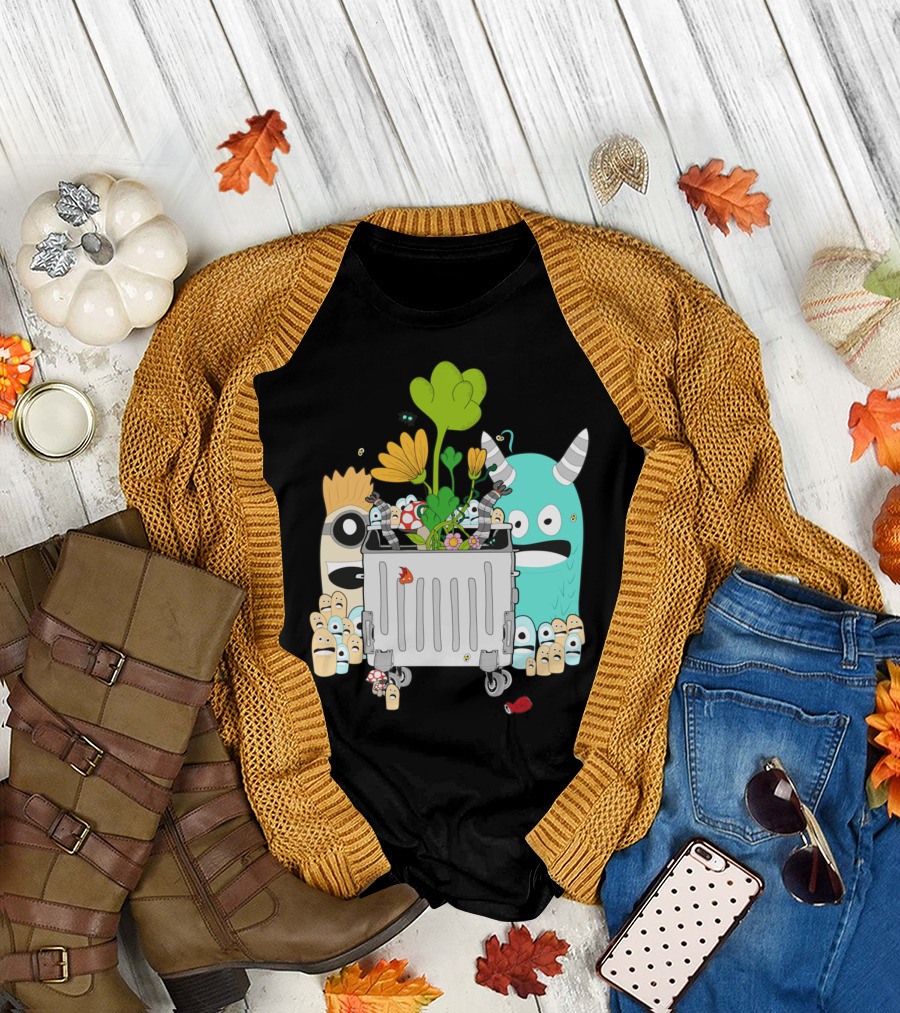 Recycling Monsters Unite with Colorful Floral and Fantastical Characters T-Shirt